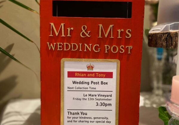 Postbox for wedding cards at La Mare Wine Estate